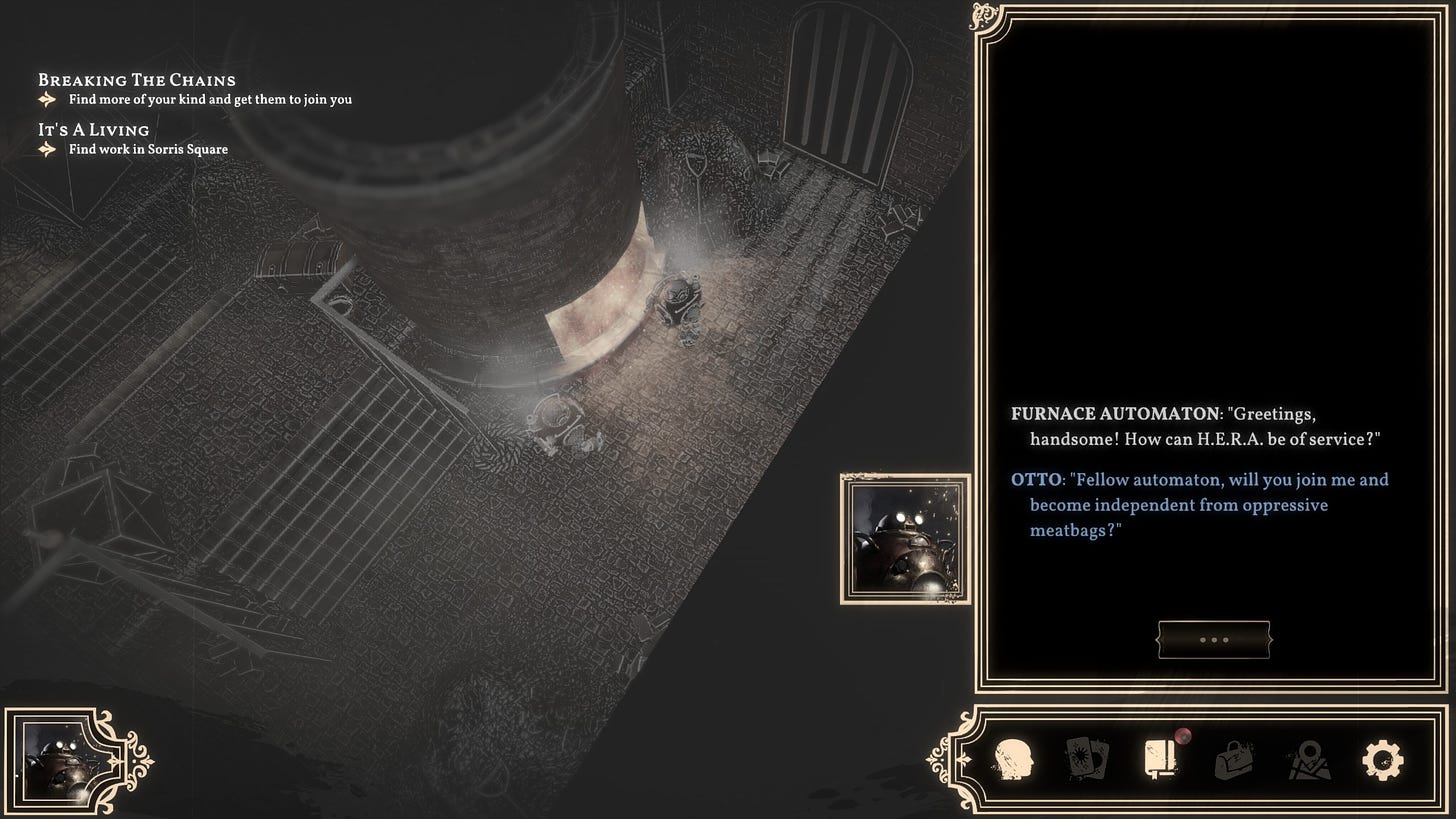 A screenshot of the game Sovereign Syndicate, showing the automaton Otto as a playable character, in dialogue with a furnace automaton, asking "Fellow automaton, will you join me an become independent from oppressive meatbags?"
