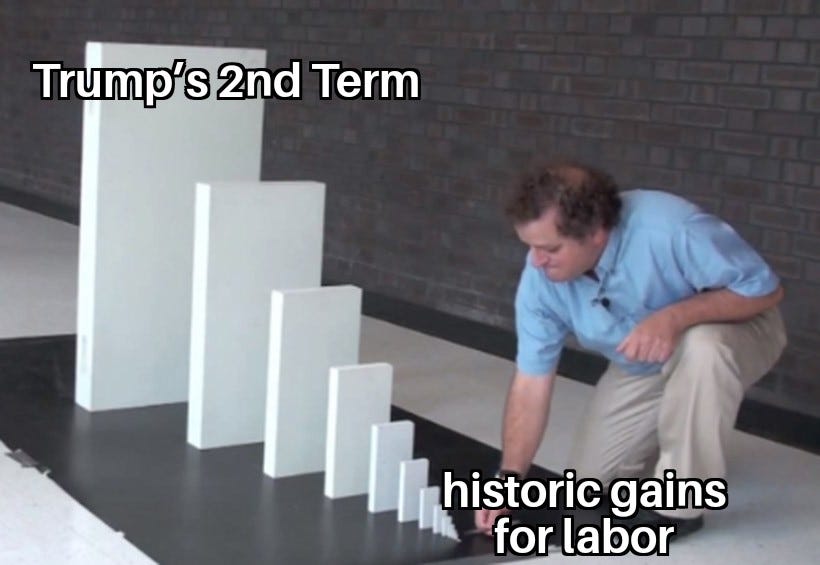 Domino meme with tiny block in the front labeled "historic gains for labor" and the final block labeled "Trump's 2nd Term"