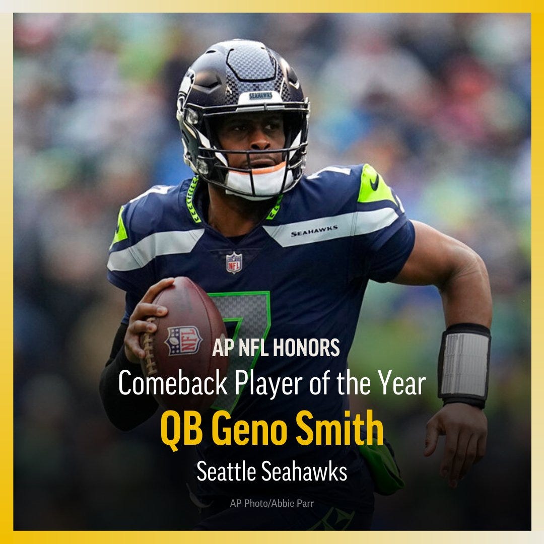 The Associated Press on Twitter: "Geno Smith is the AP NFL Comeback Player  of the Year! The Seattle Seahawks QB became a full-time starter for the  first time since 2014 and ended