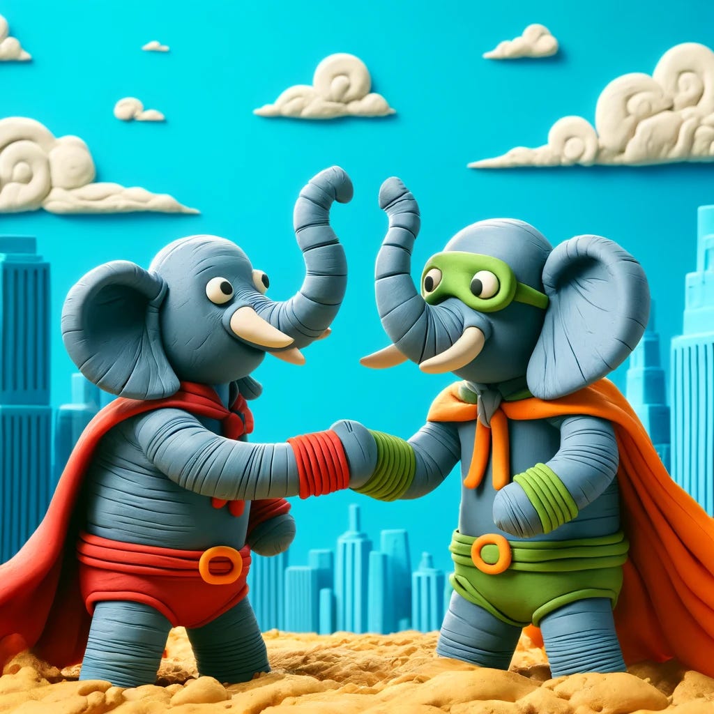 A claymation-style image of two elephants as superheroes shaking hands. The elephants are in dynamic poses with colorful costumes, including capes and masks. The background features a cityscape with tall buildings and a bright blue sky. The overall style is playful and textured, resembling stop-motion clay animation with a whimsical and vibrant aesthetic.