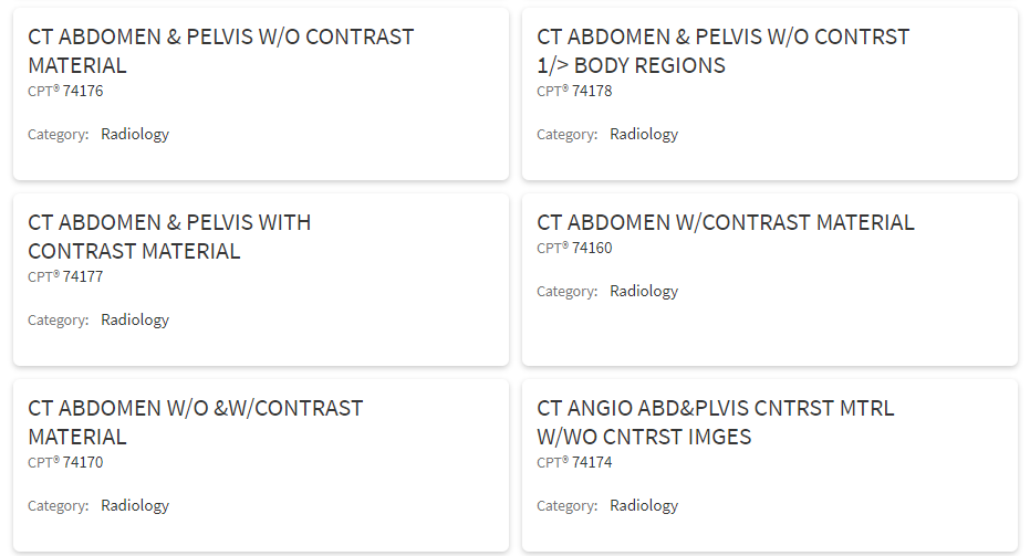 A photo of six boxes with different CPT codes and titles for different types of a CT scan of the abdomen. 