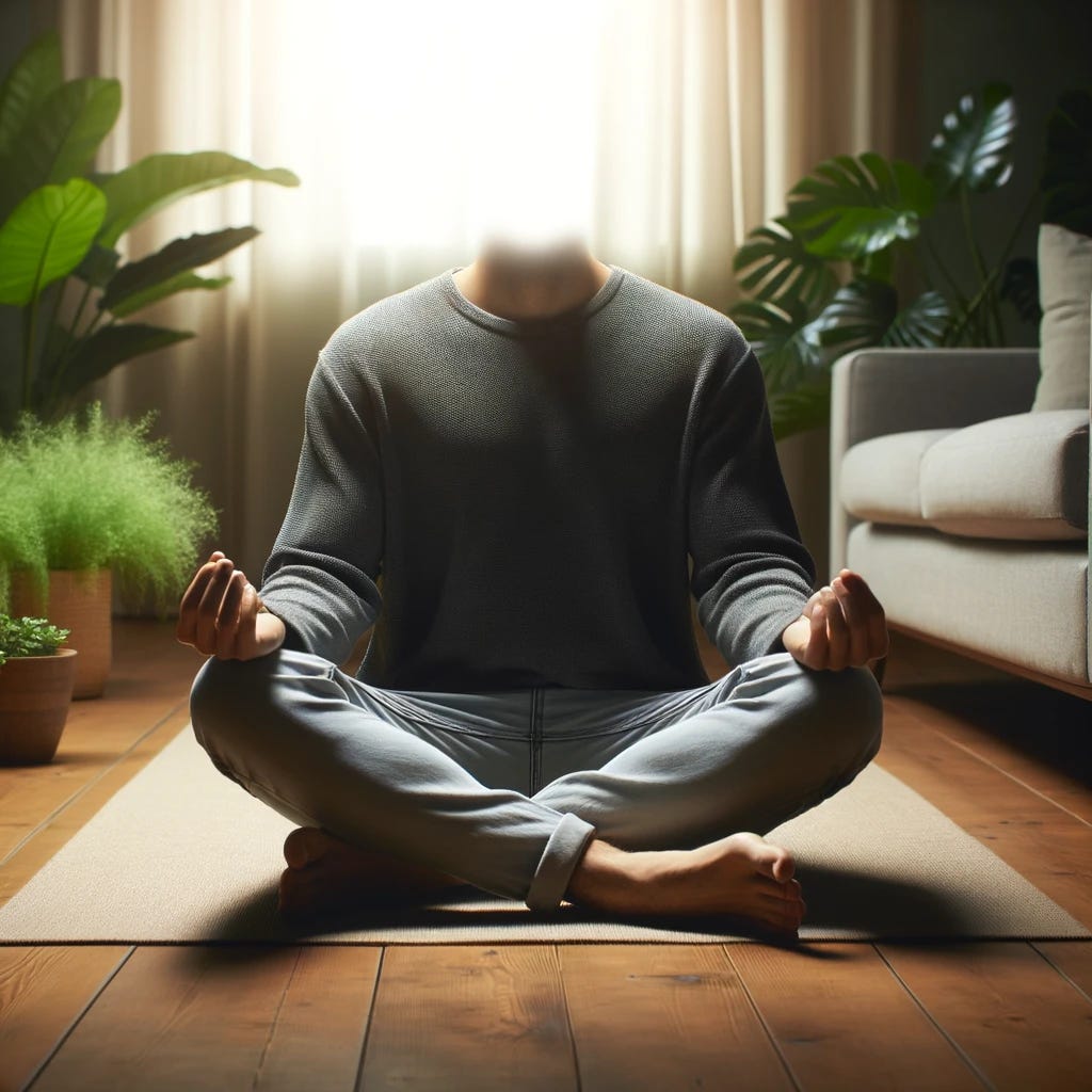 An image focusing on the lower half of a person sitting in a peaceful, serene setting, practicing stress management techniques. The image shows only the body from the waist down, seated in a relaxed position with hands on the knees or in a meditative pose. The environment includes calming elements like green plants and soft lighting, but the top half where the head would be is completely omitted, focusing solely on the lower half of the person and the tranquil setting around them.