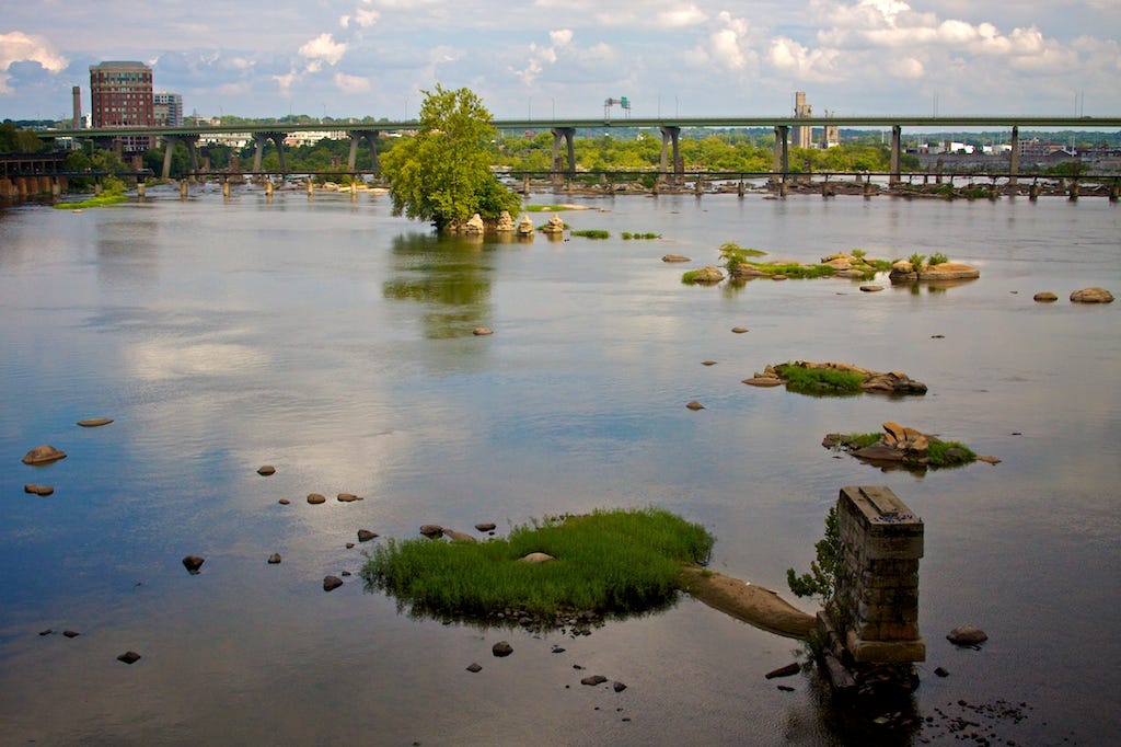 photograph of the James River flowing past downtown Richmond, Virginia.