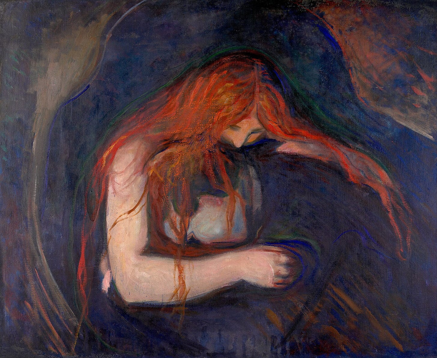 Red haired woman embracing man and kissing him on back of neck; edvard munch, 1895 "love and Pain" oil painting