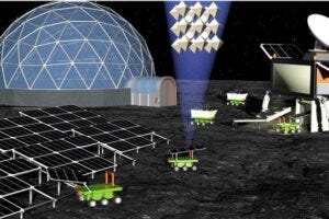 Vision of future solar cell fabrication on the Moon, utilizing raw regolith. Shown are robots that source raw regolith and bring it to a production facility, which fabricates perovskite-based moon solar cells. Later automated rovers or astronauts install the produced solar cells to power future Moon-habitats or even cities.