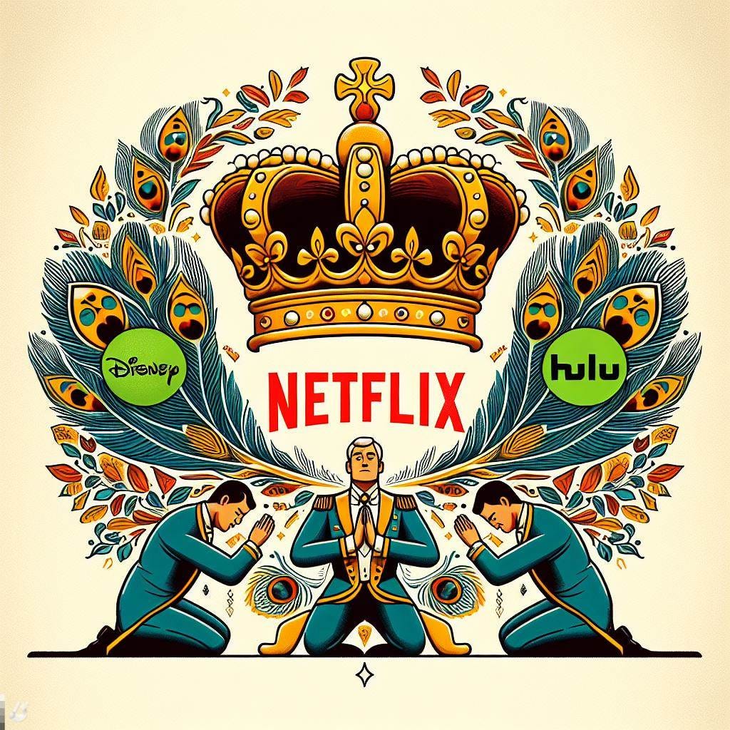 Design an image where the Netflix logo is depicted wearing a majestic crown. Surround the Netflix logo with representations of the Disney, Hulu, HBO, and Peacock logos, each positioned in a bowing or subservient manner. Use elements that capture the essence of each streaming service while maintaining a cohesive and visually appealing composition. 