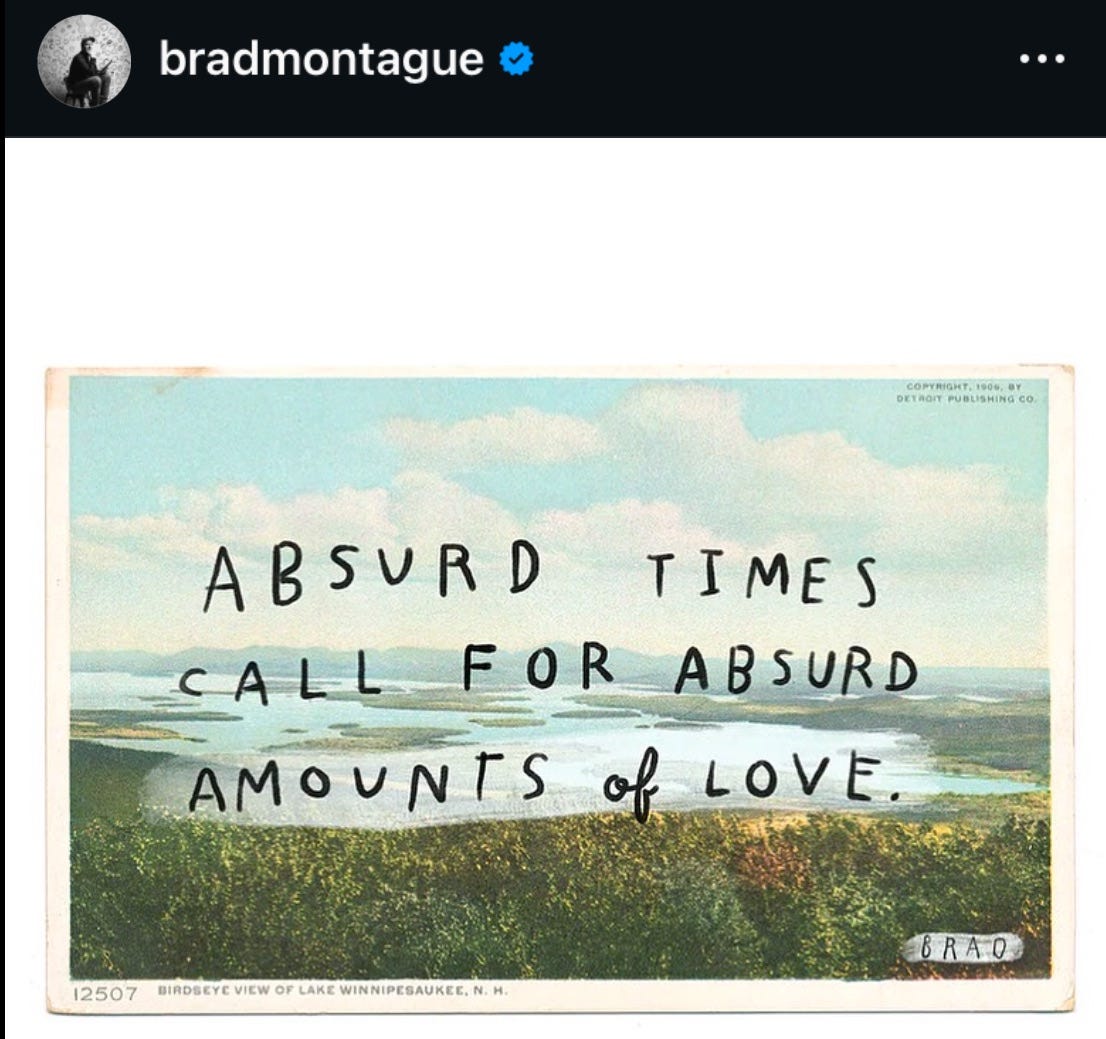 A quote saying "Absurd times call for absurd amounts of love"