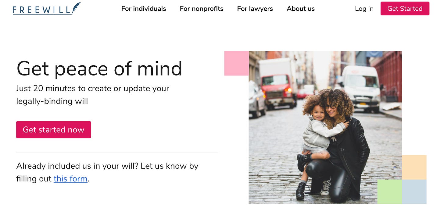 Screenshot of the homepage for Freewill, a website for writing your will.