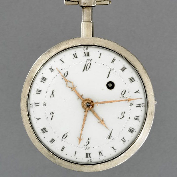 Antique pocket watch that tells decimal time — instead of going to 12, it goes to 10, so on and so forth. Antique pocket watch that tells decimal time — instead of going to 12, it goes to 10, so on and so forth.