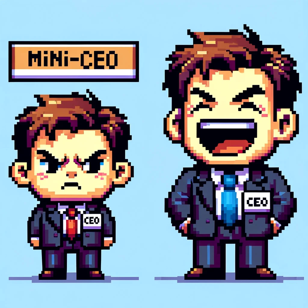 A pixel art style image featuring two characters: 1) A very tiny man in a suit, visibly upset, with a name tag labeled 'Mini-CEO'. 2) A regular-sized man in a suit, laughing, with a name tag labeled 'CEO'. Both characters are depicted in a clear, colorful pixel art style, with detailed expressions and suits.