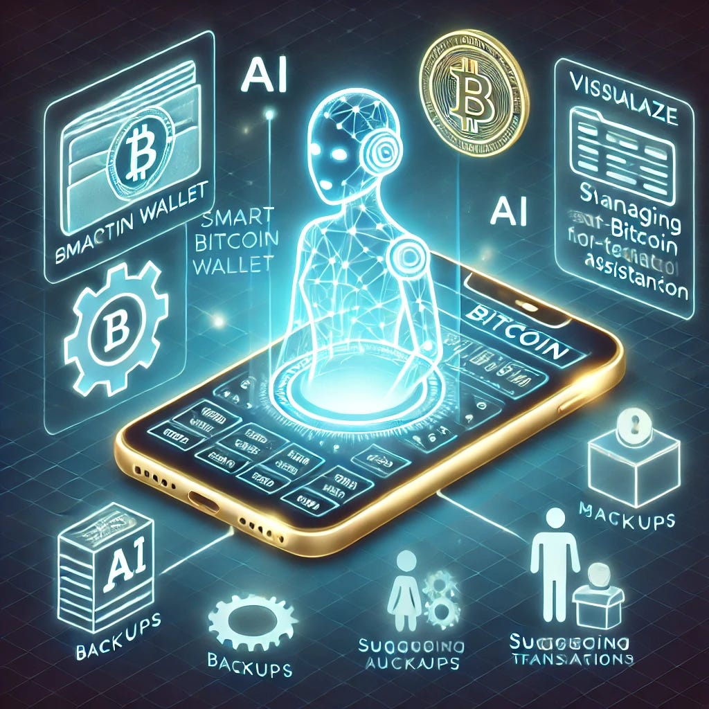 An illustration of a futuristic smart Bitcoin wallet with AI assistance designed to simplify Bitcoin adoption for non-technical users. The wallet is depicted as a sleek, glowing digital device, with an AI hologram interface offering step-by-step guidance. Visualize the AI as a friendly, glowing figure assisting with tasks like managing backups, suggesting fee adjustments, and guiding transactions. The background includes icons of Bitcoin, gears representing automation, and a diverse group of users successfully interacting with the wallet. The overall style is modern, approachable, and conveys technological ease.