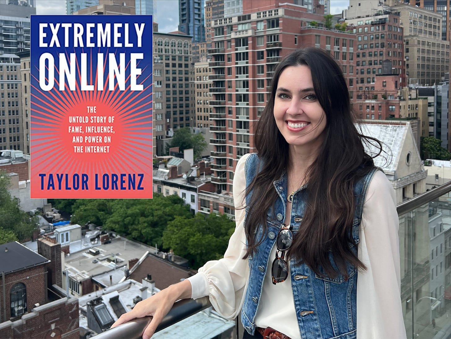 Photo of Washington Post tech columnist Taylor Lorenz standing against a NYC backdrop. There is a book cover inset in this image titled Extremely Online