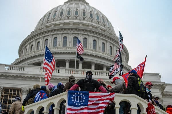 Protesters with various flags on the steps outside the Capitol.