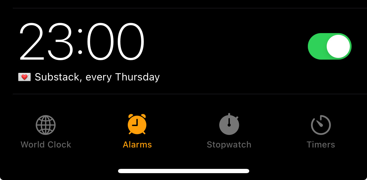 Substack alarm every Thursday at 23:00 GST