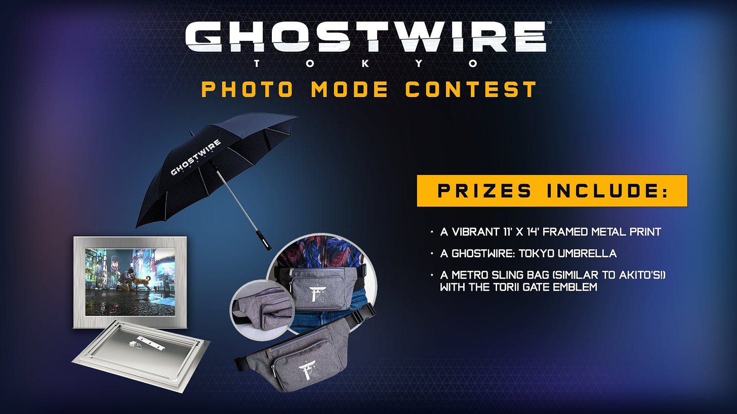 The Ghostwire: Tokyo Photo Mode Contest prize pack, including a Ghostwire: Tokyo umbrella, a metro sling bag, and a framed metal print of the winner's screenshot.