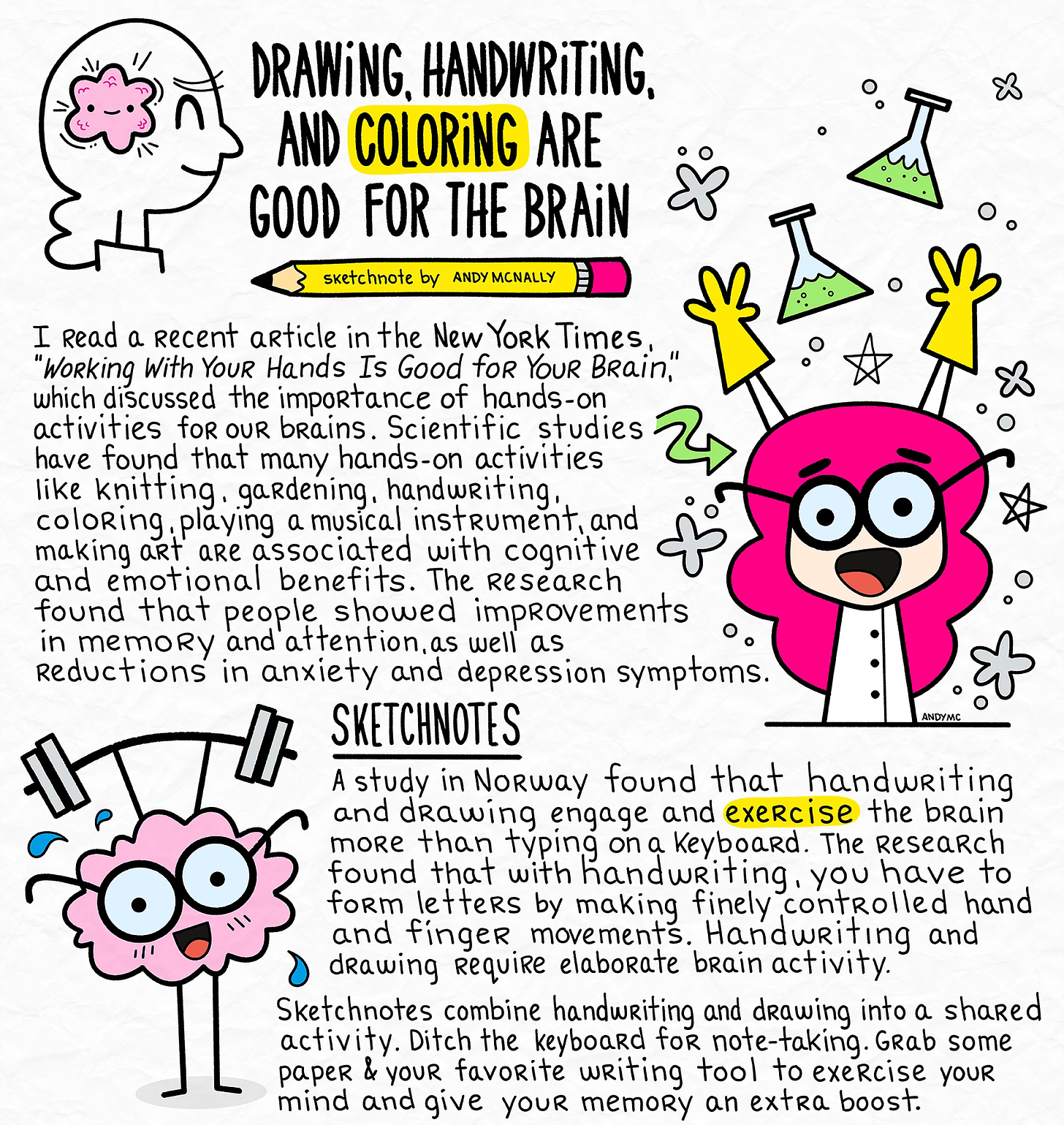 a sketchnote about how drawing and handwriting are good for the brain