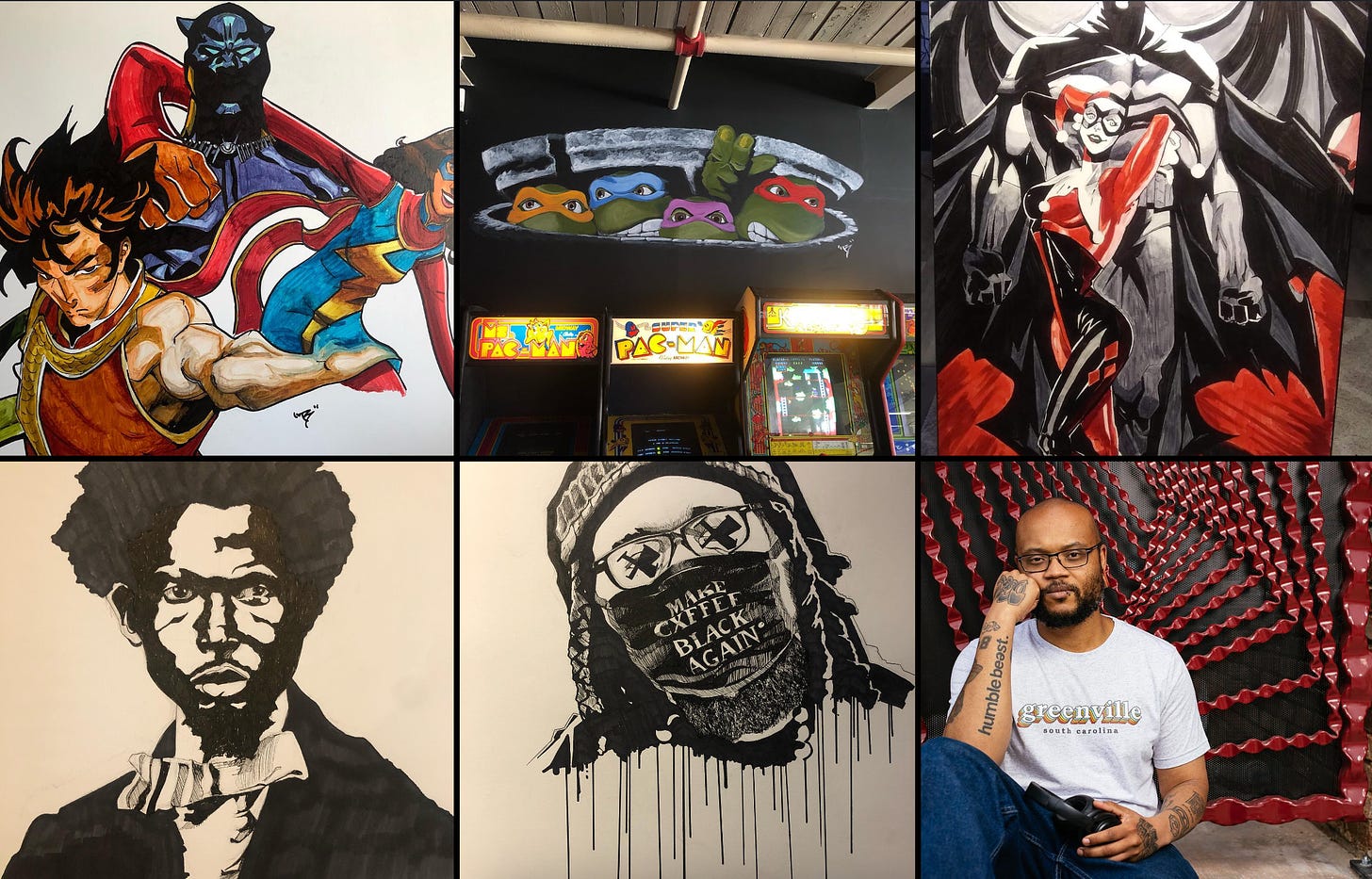 A collage of painted and drawn art portraits of comic book characters and black activists. In the lower right is a portrait of the artist.