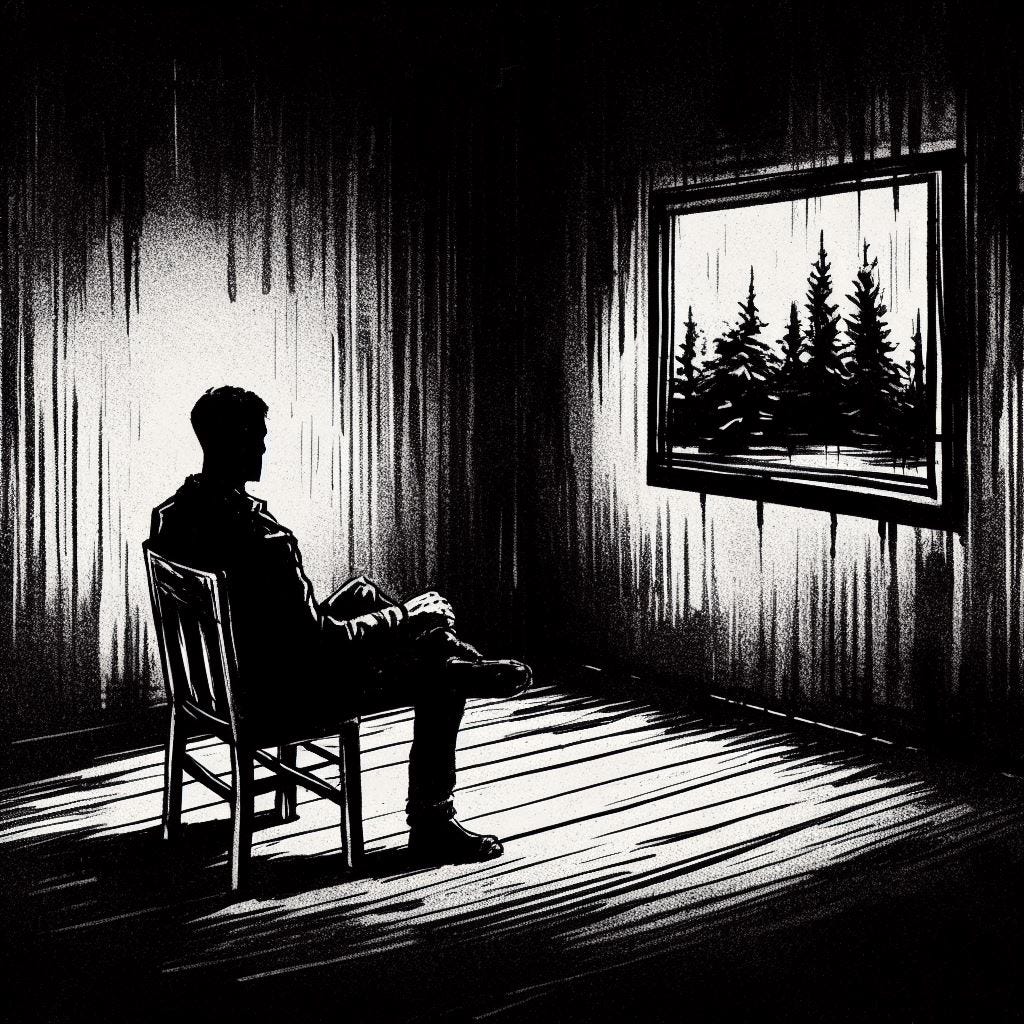 a man sitting still in the middle of a solitary room, dark, ink style. There's a single painting in the wall. The painting features a forest of pines and firs.