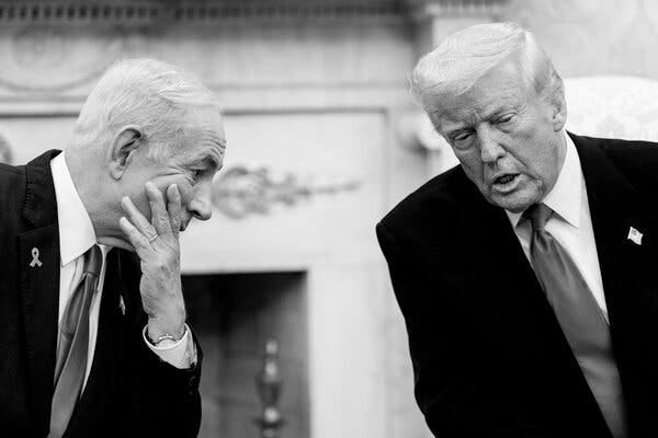 Prime Minister Benjamin Netanyahu of Israel and President Trump talking.  