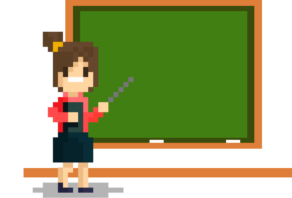 Pixelated teacher in front of a chalkboard