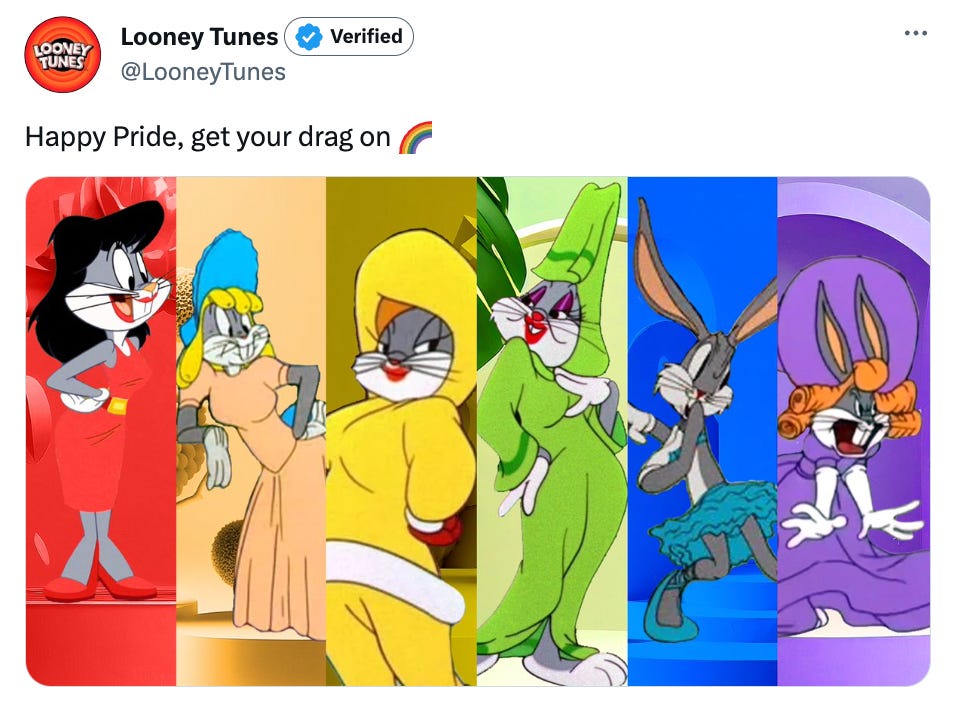 An image from @looneytunes saying Happy Pride, get your drag on and an image of Bugs Bunny in drag in all the different colours of the Pride flag. He is slaying.