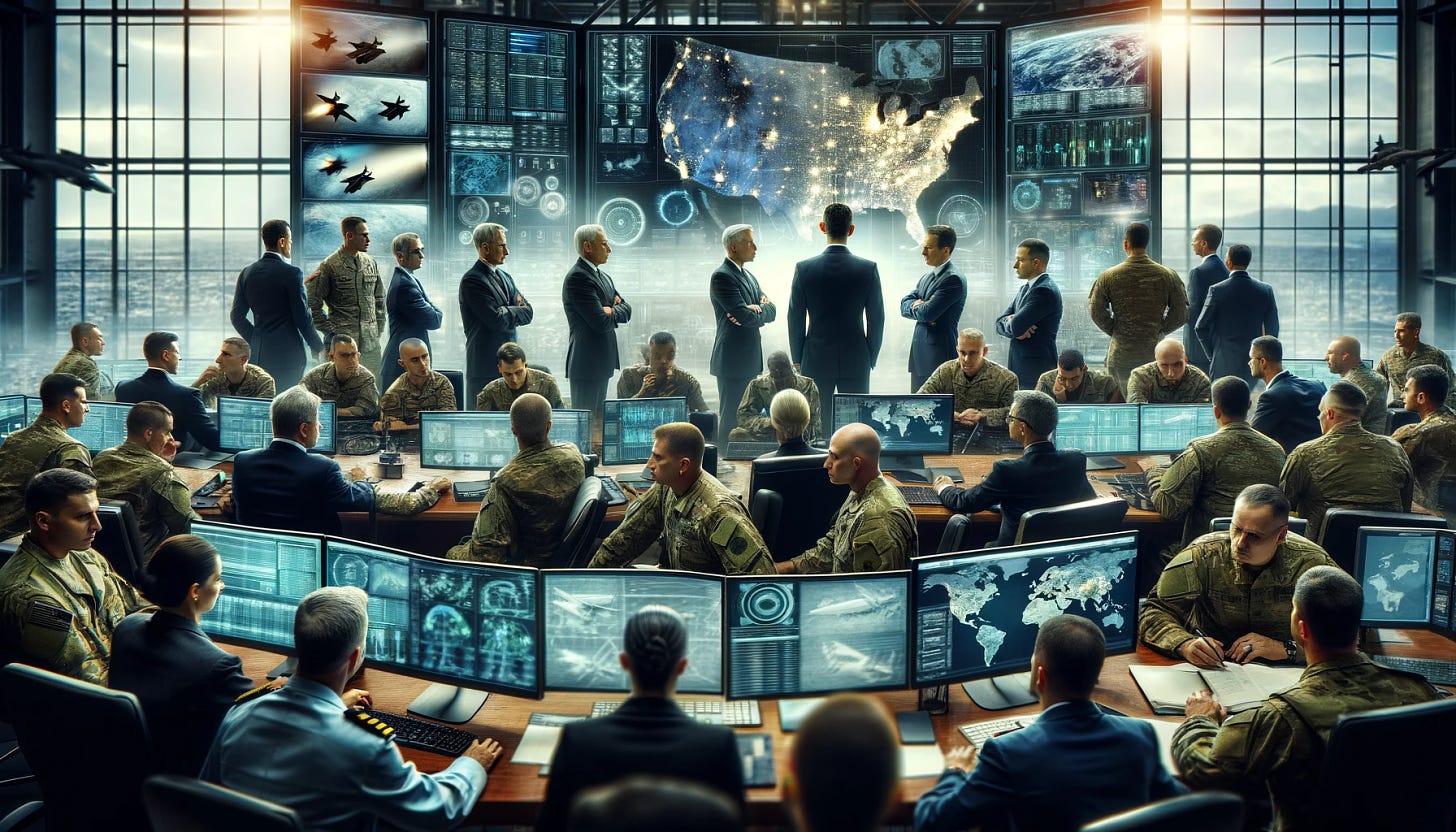The image portrays a bustling military office faced with multiple challenges. In the center, a high-ranking officer is surrounded by screens and maps, displaying critical situations that require immediate attention. Around the officer, a group of stern supervisors closely monitors the developments, their expressions conveying urgency and concern. Adding to the dynamic atmosphere, a delegation of industry executives is present, dressed in sharp business attire, offering cutting-edge solutions and support. Their presence brings a sense of collaboration and partnership between the military and the private sector, highlighting the joint effort to overcome the challenges at hand.