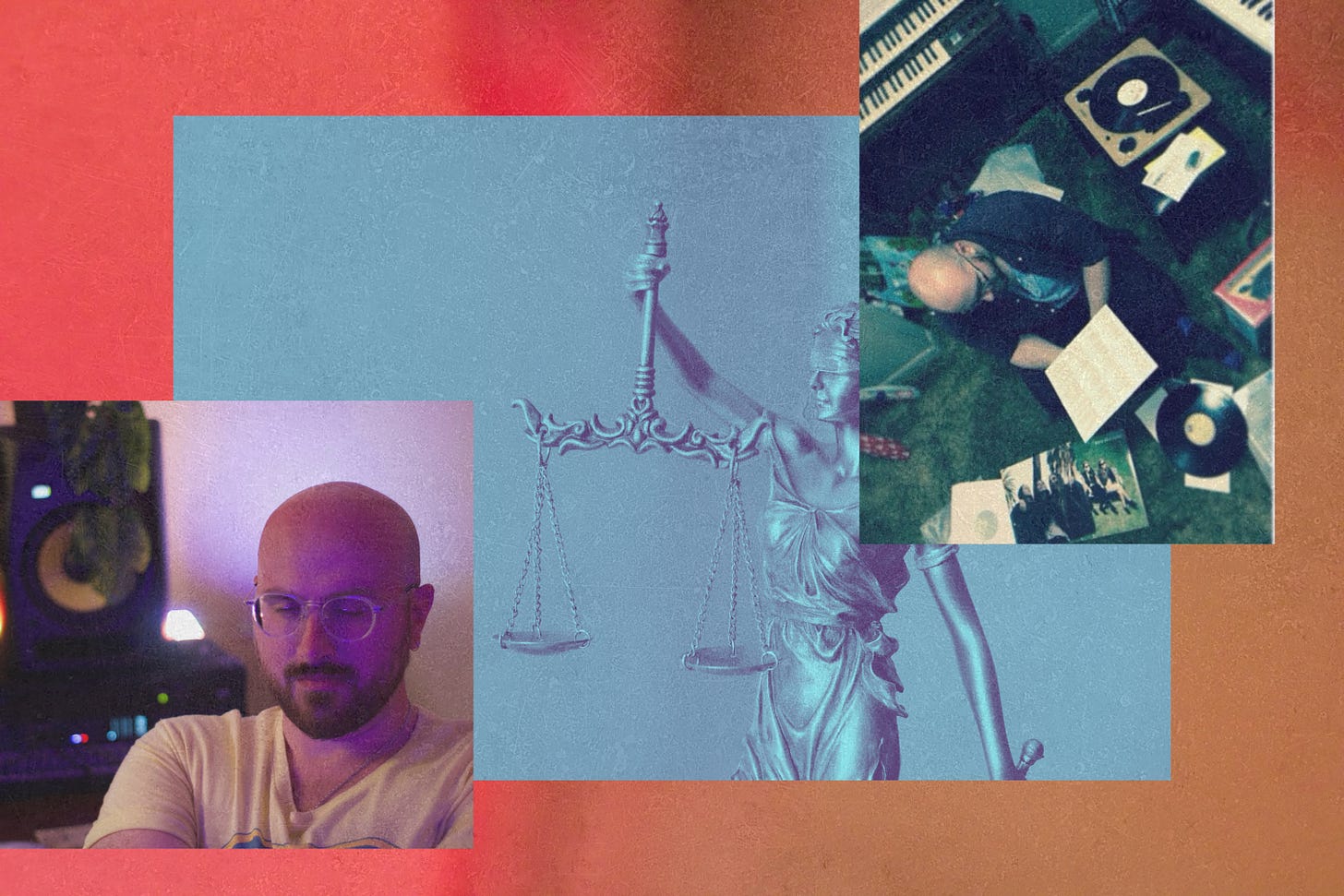 collage with an image of me listening to the left, an image with a statue holding a set of scales in the middle, and an image of me reading a record sleeve to the right.