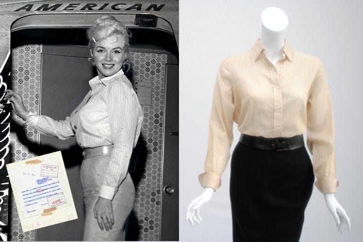 A photograph of Marilyn Monroe, alongside the skirt and shirt she is wearing in the photo