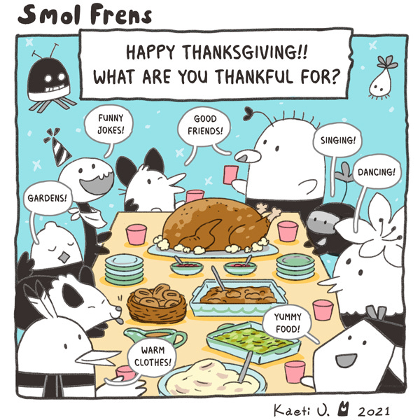 All the Smol Frens are gathered around a table celebrating Thanksgiving with a feast.