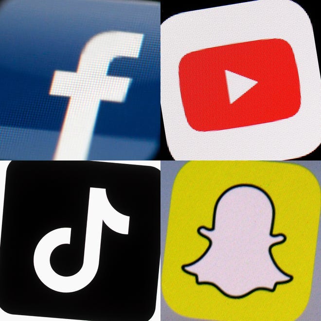 This combination of 2017-2022 photos shows the logos of Facebook, YouTube, TikTok and Snapchat on mobile devices.