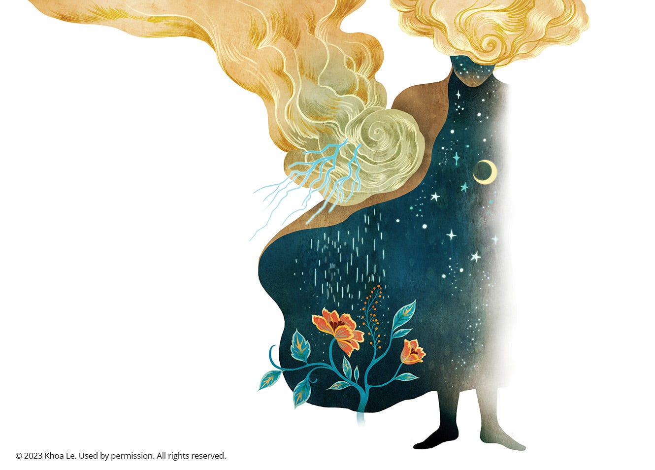 A nebulous figure with a cloak that contains a night sky, rain and flowers, is surrounded by swirling yellow clouds and lightning.