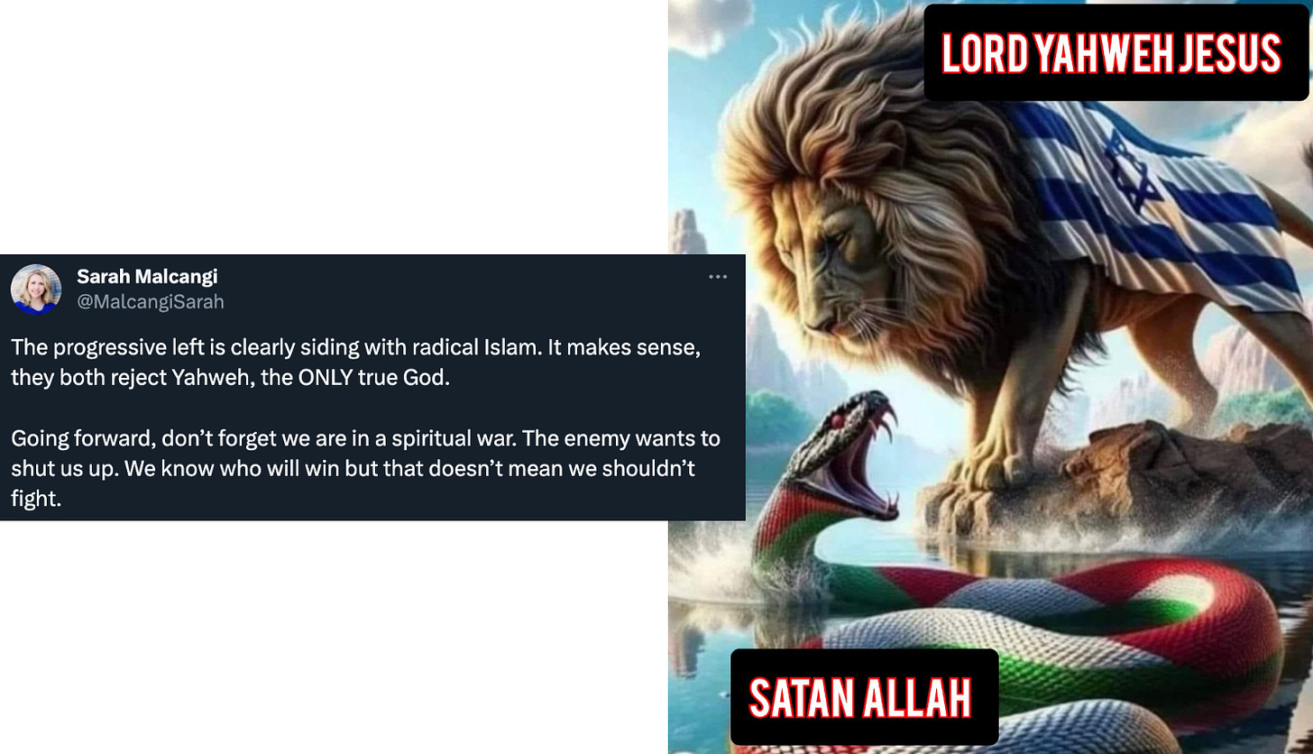 Tweet reading: "The progressive left is clearly siding with radical Islam. It makes sense, they both reject Yahweh, the ONLY true God.  Going forward, don’t forget we are in a spiritual war. The enemy wants to shut us up. We know who will win but that doesn’t mean we shouldn’t fight."