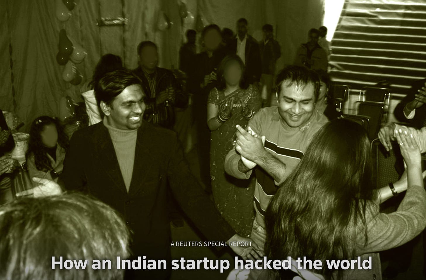 Black and white photo of Appin co-directors Anuj Khare and Rajat Khare in New Delhi at a party circa 2007. Both men are smiling and dancing in a group setting, Anuj dressed in a blazer and turtle neck and Rajat wearing a striped sweatshirt and jeans.
