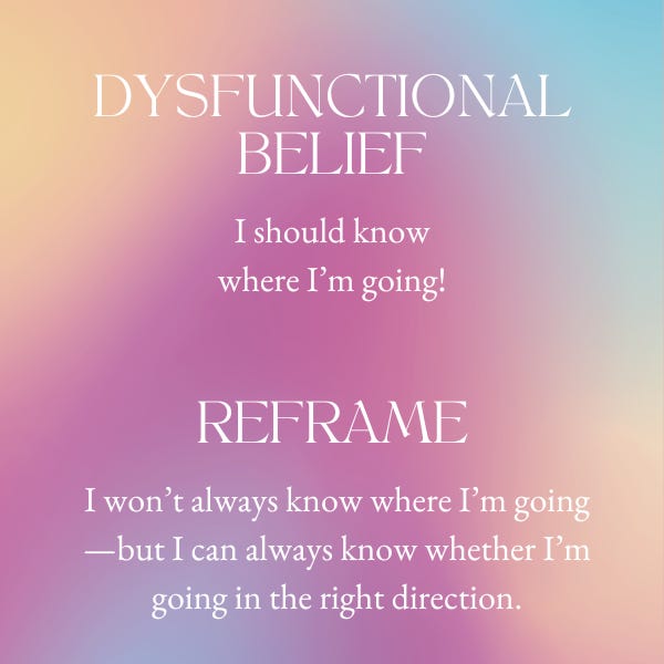 According to Burnett and Evans, ‘I should know where I’m going’ is a dysfunctional belief.  The Reframe is: I won’t always know where I’m going–but I can always know whether I’m going in the right direction. 