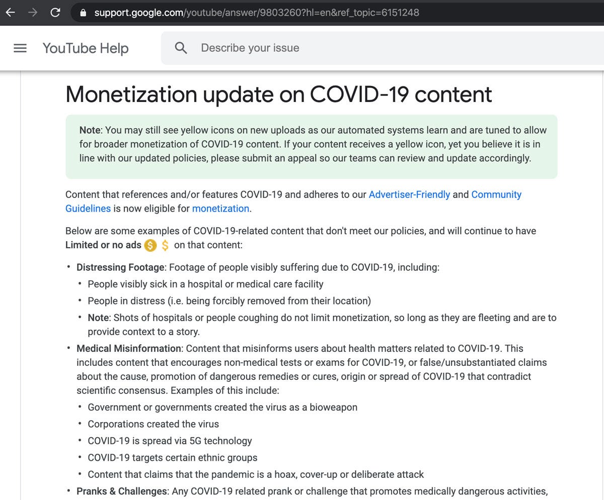 YouTube Monetization Threats Re: COVID