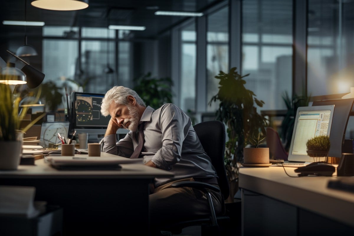 Middle aged man sitting at his desk exhausted.