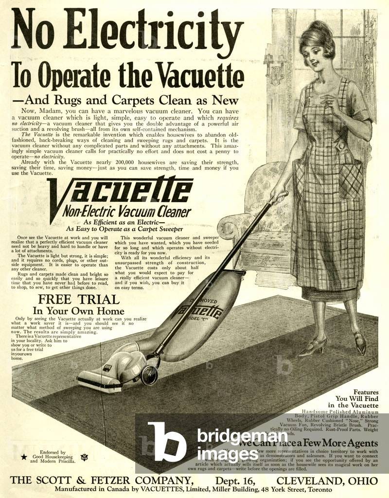 Old 1920s advert with a woman vacuuming a carpet