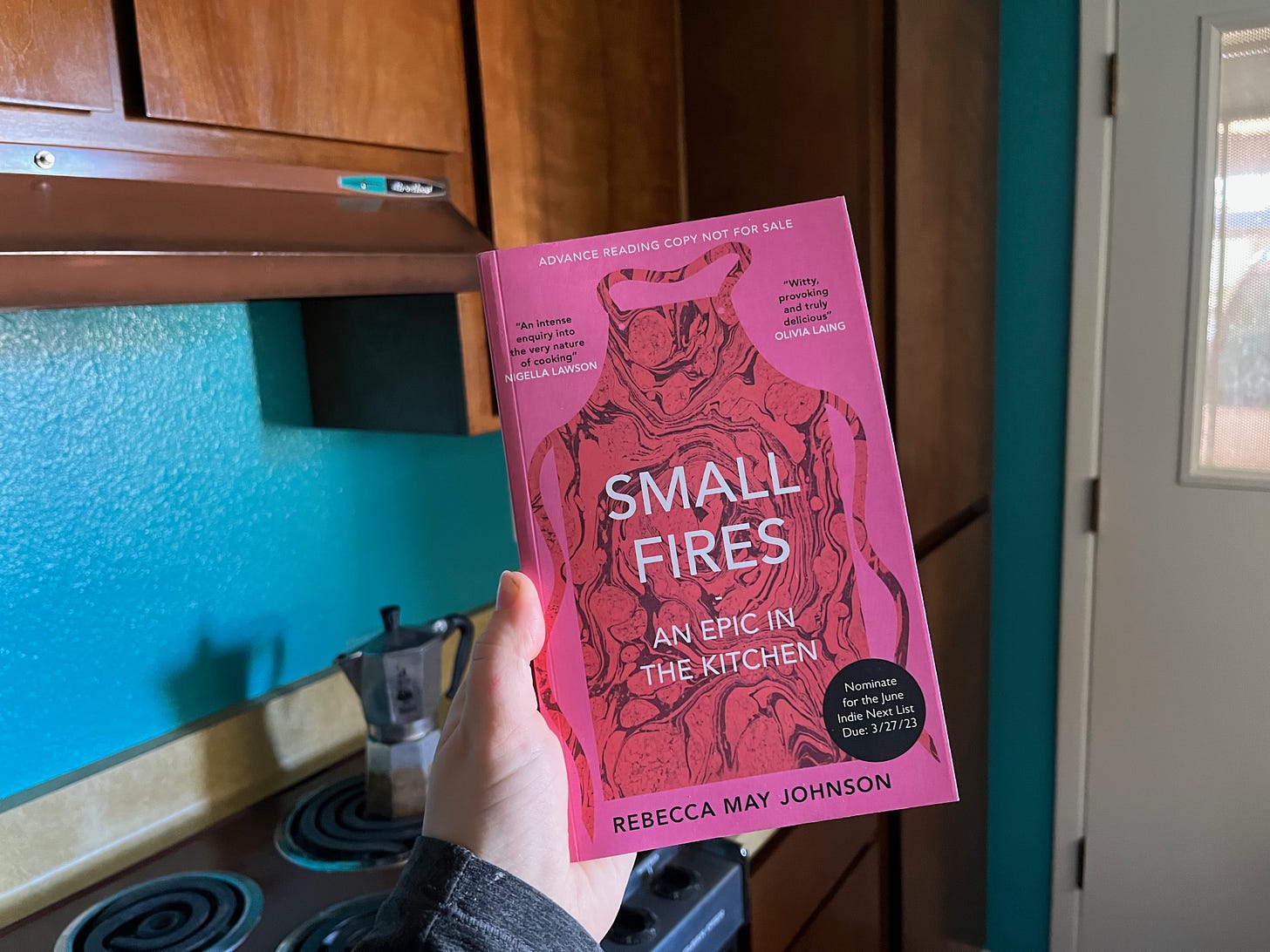 My hand holding a copy of Small Fires by Rebecca May Johnson, with my turquoise kitchen walls in the background