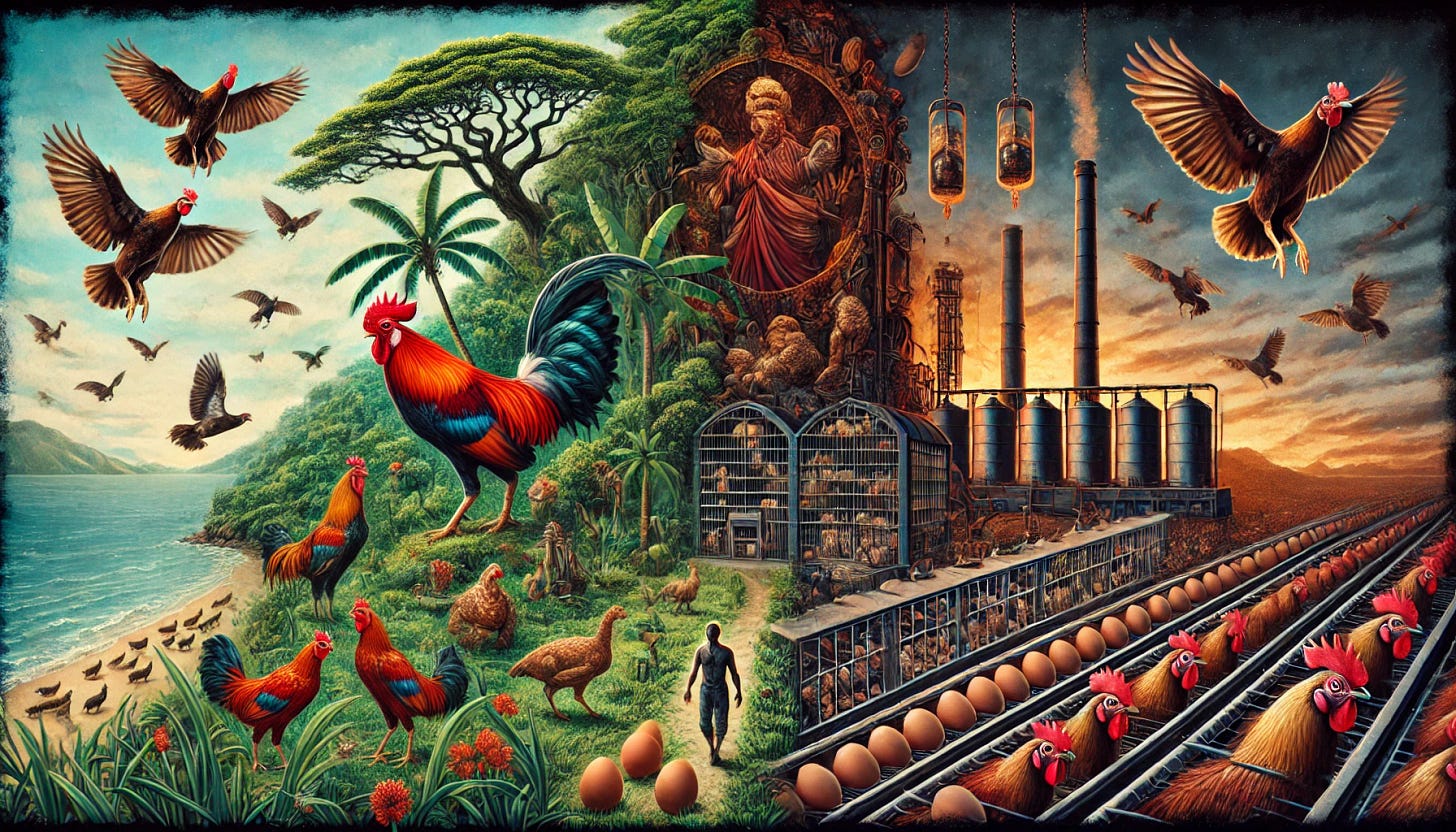 A symbolic and artistic depiction of the story of chickens, showcasing their journey from wild red junglefowl in lush Southeast Asian forests to industrial exploitation. The image transitions from vibrant, natural habitats with free-ranging junglefowl to grim, crowded factory farms. The scene includes symbolic elements like ancient cockfighting artifacts, egg incubators, and a scale showing billions of chickens, all under a darkened sky. The tone is both somber and thought-provoking, capturing the contrast between freedom and captivity.