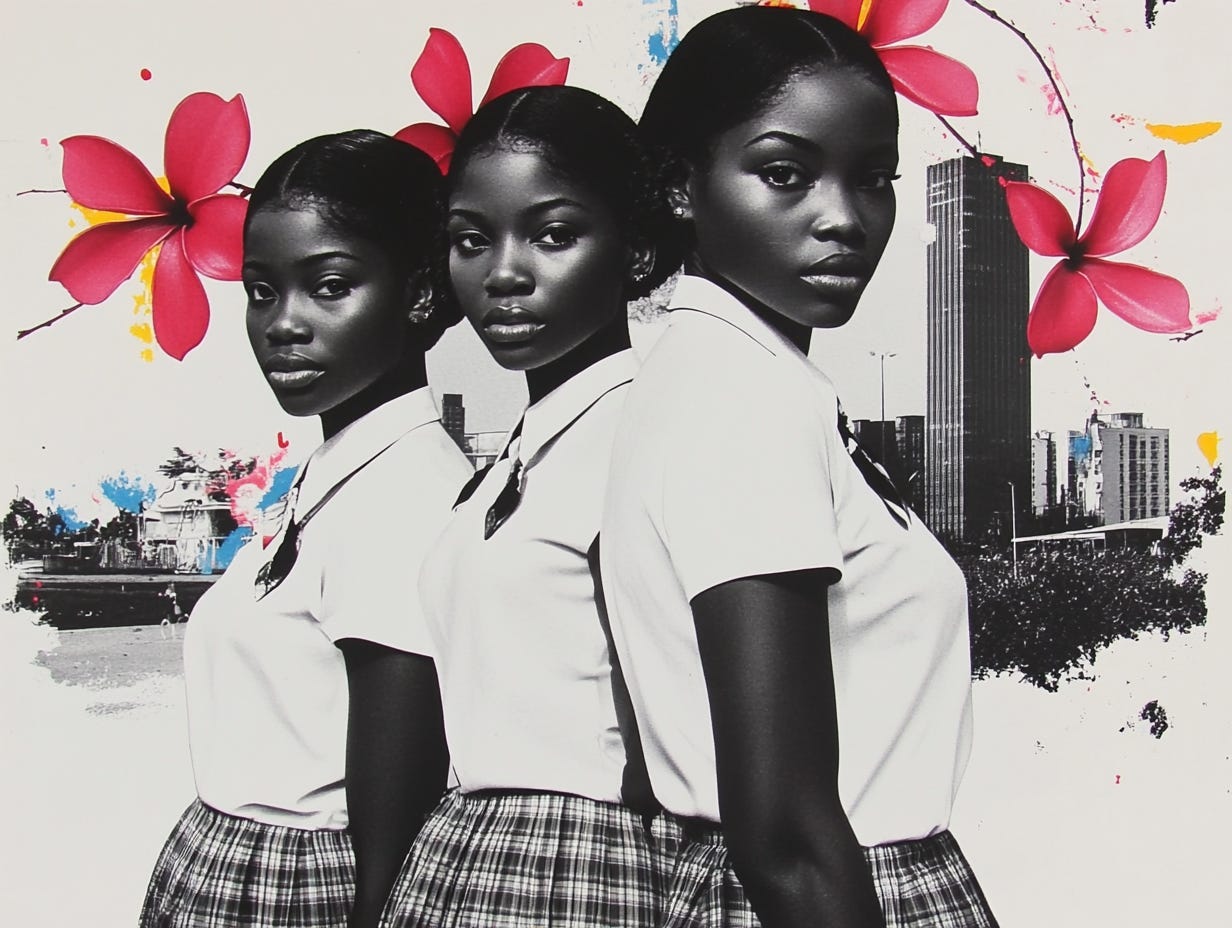 A stylized black and white photograph of three young Black women in school uniforms - white blouses and plaid skirts - posed in profile against a cityscape background. Red frangipani flowers decorate the corners of the image, adding pops of color to the monochrome composition.