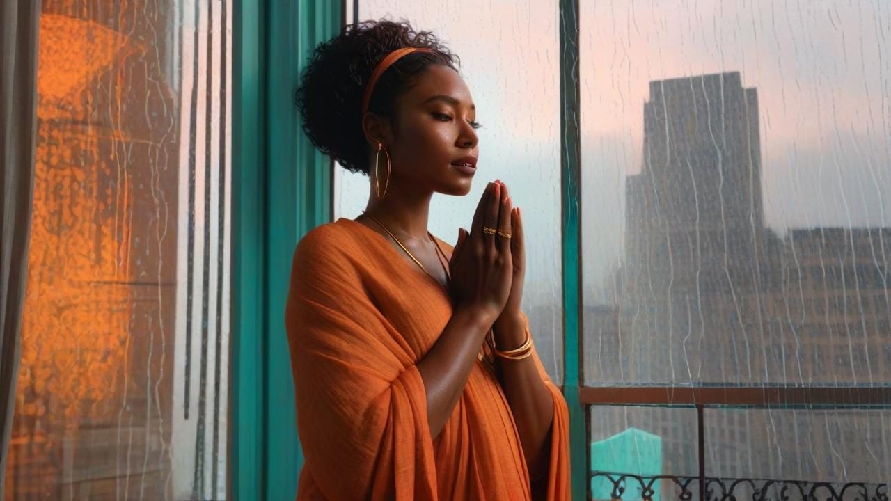 Digital painting: Black woman in 30s, draped in crumpled burnt-orange linen, praying, gazing at rain-streaked geometric windowpanes. Backlighting etches angular shadows on hyperrealistic caramel skin, faint freckles dot knuckles. Semi-transparent teal runes hover above crossed fingers clutching matte brass bangles; neon-pink city lights bleed through rain-smeared glass. Chiaroscuro contrast, impressionist light diffusion, 8K.