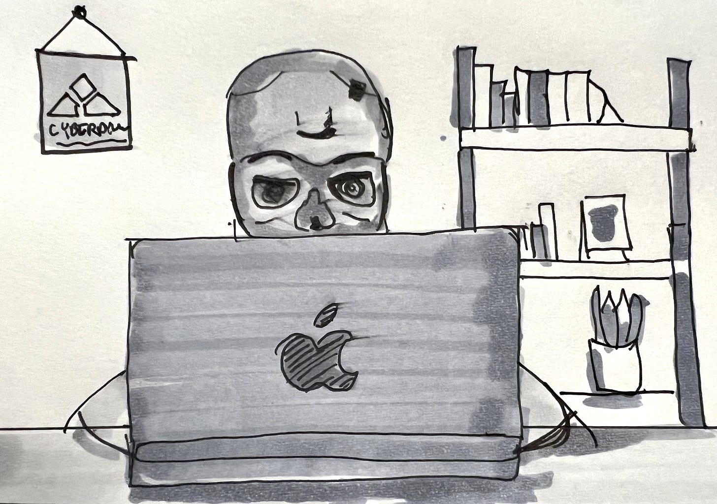 Image of an endoskeleton T-800 learning to code in front of a MacBook