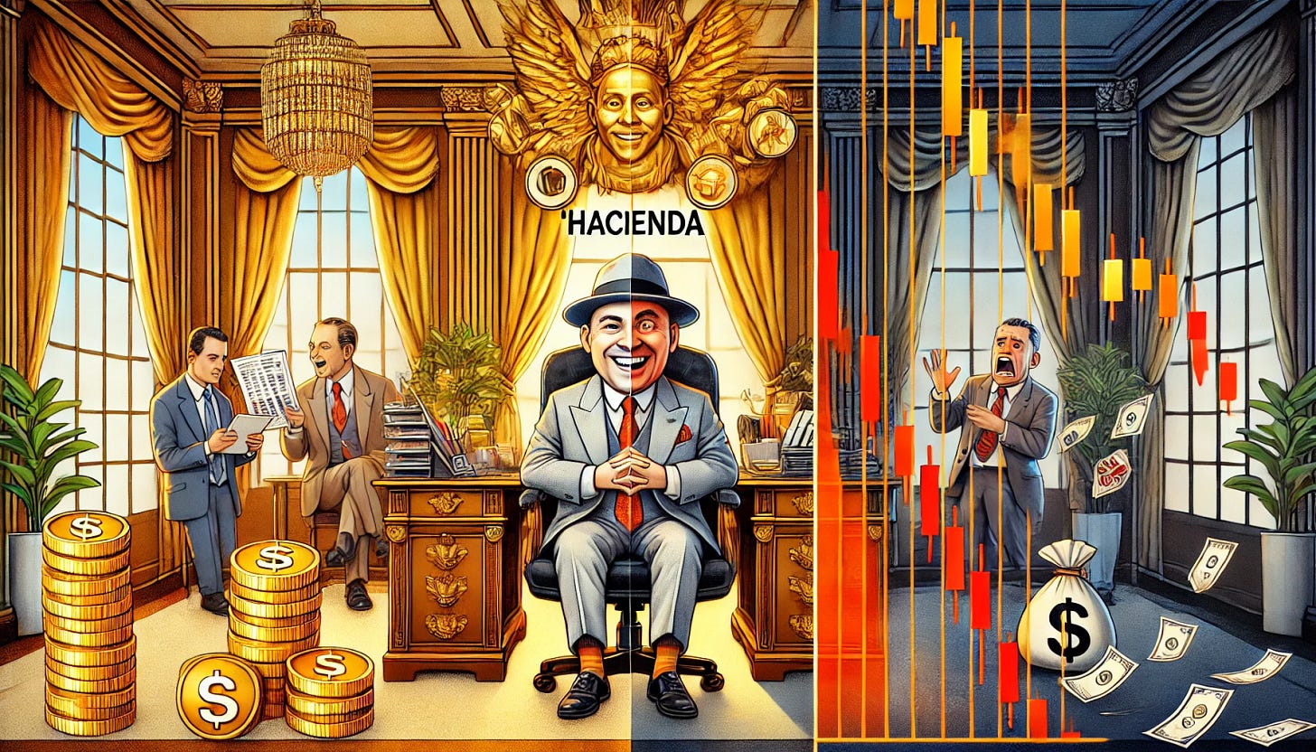 A satirical digital illustration depicting a tax collector in a lavish office, symbolizing 'Hacienda,' with a clear double standard in treatment. On one side of the image, the tax collector is smiling and lenient with a wealthy stock market winner, surrounded by golden charts and luxury items. On the other side, the same tax collector appears strict and imposing toward a stock market loser, who looks distressed and surrounded by falling red charts and crumpled papers. The office background features opulent furniture and contrasting light effects—warm and inviting on the winner's side, cold and harsh on the loser's side. Style: Caricature, bold details, vibrant colors, HD rendering.