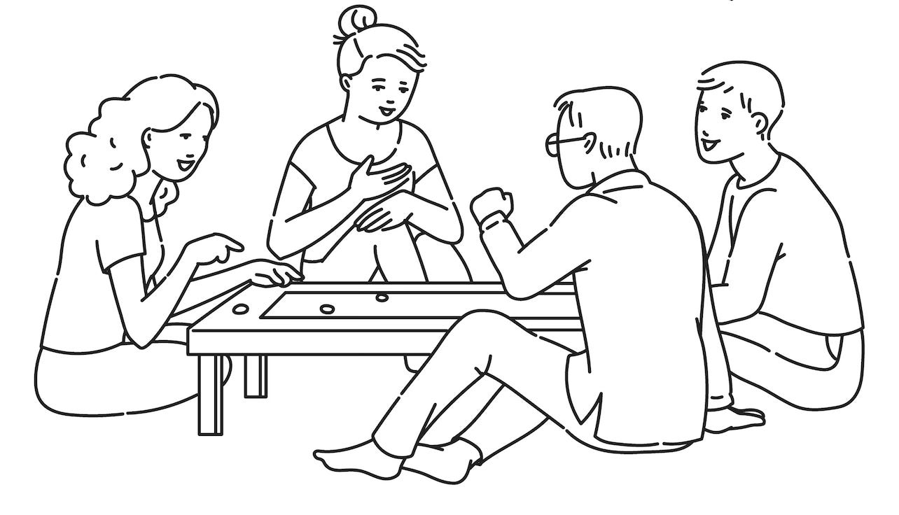 line art of four people sitting on the floor at a low table playing a game of some sort