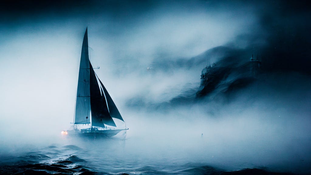 “Sails, Sea, Fog… and Hope,” original illustration by the author. Okay, Midjourney helped again. A deep, dark blue fantasy photograph. A sailboat approaches an island at dusk or dawn through mist and fog.
