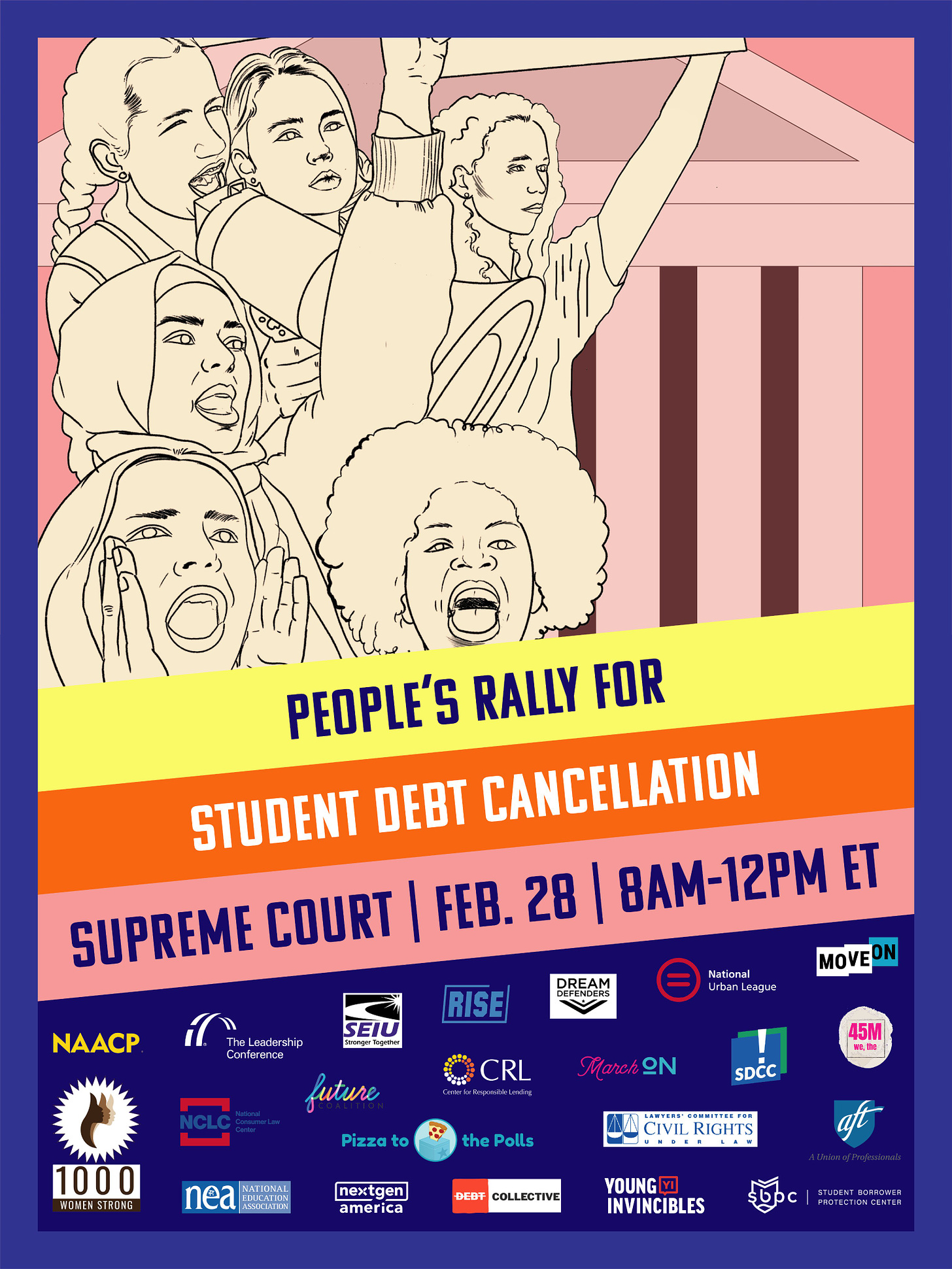 Event poster: line drawings of protesters, logos of supporting groups, like SEIU, NAACP, MoveOn, Debt Collective