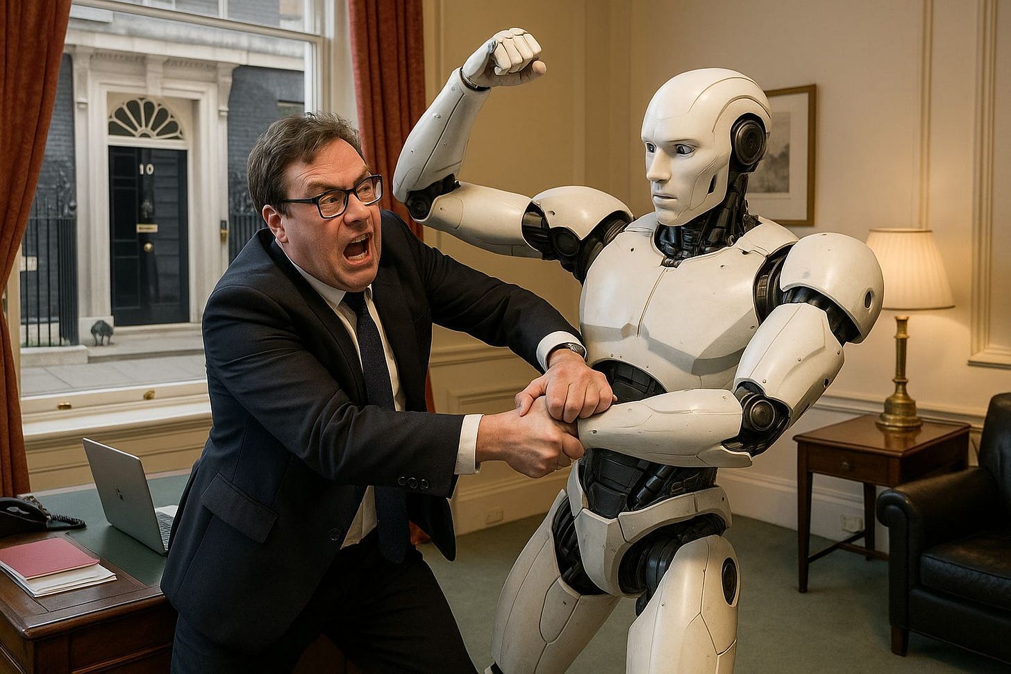 British Political Assistant to 10 Downing Street Battling with Humanoid Robot