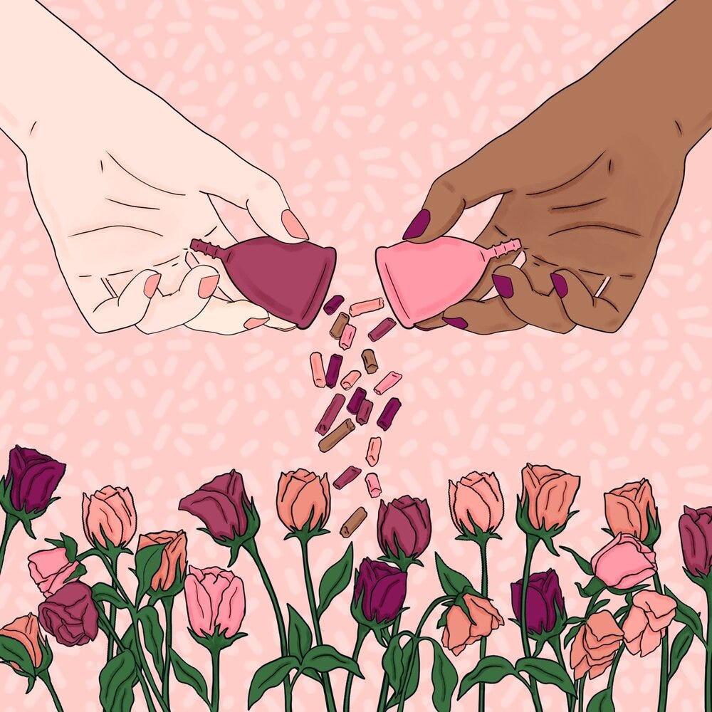 Illustration showing two hands holding menstrual cups dropping pellets into a row of roses