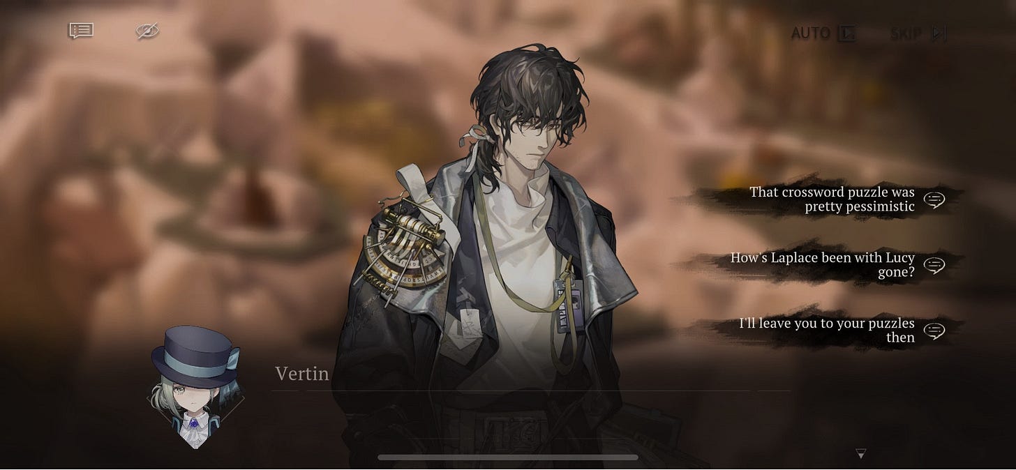 three options vertin is allowed to say to enigma:
1. "That crossword puzzle was pretty pessimistic."
2. "How's Laplace been with Lucy
gone?"
3. "I'll leave you to your puzzles
then."