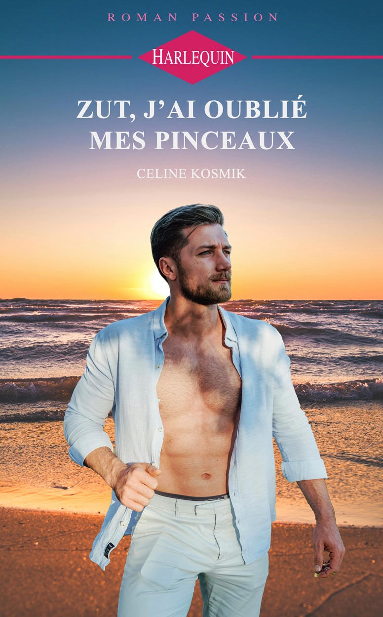 Parodie d'une couverture d'un roman Harlequin sur laquelle on voit un homme en chemise ouverte, l'air pensif, regardant au loin, sur une plage. Le titre du roman est "Zut, j'ai oublié mes pinceaux".